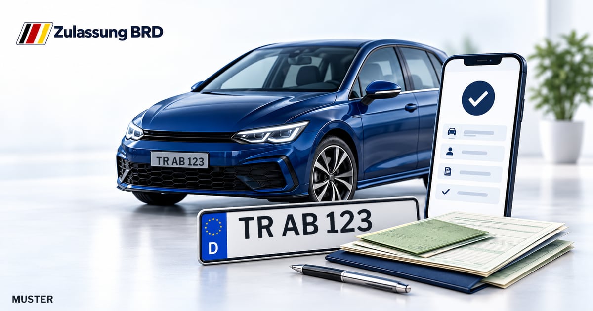 Online Fahrzeugzulassung in Saarburg: Musterkennzeichen TR AB 123, Auto und Fahrzeugpapiere und Smartphone. Illustration mit Logo von Zulassung BRD.